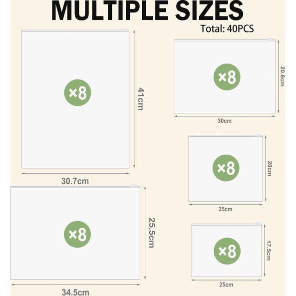 Zip zakken voor op reis, 5 maten, herbruikbare ritszakken, reistas, waterdicht, geurdicht, koffer-opbergtas, kledingtassen voor kleding, schoenen, ondergoed, cosmetica (40 stuks)