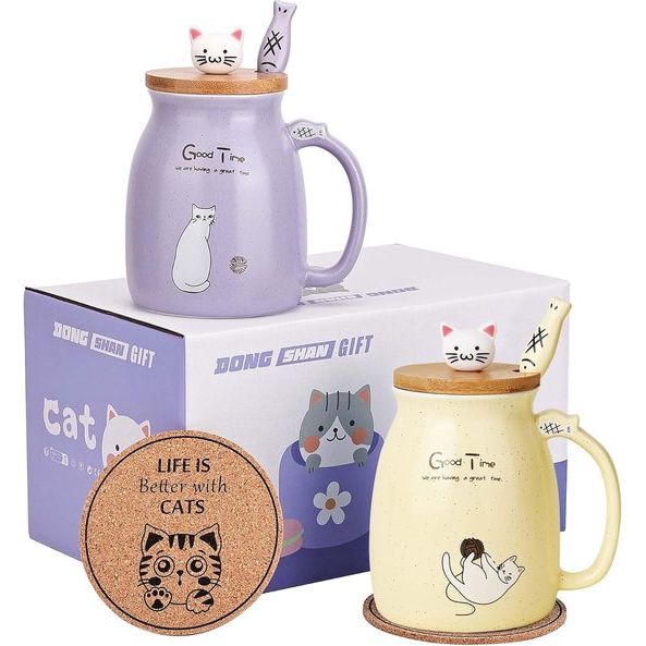 Kat mok set van 2 schattige kat theekop koffiemok keramiek met Kawaii deksel schattige kopjes voor kattenliefhebbers 500 ml kerst verjaardag kat cadeau mok (paars en geel)