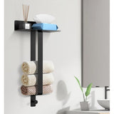 Towel Rail No Drilling with Shelf, Self-Adhesive Wall Towel Holder Bathroom with Hooks, 42 cm Black Matt Guest Towel Holder for Bathroom and Kitchen