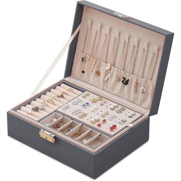 Sieradenkistje, dubbellaags PU-leer, opbergkoffer voor ringen, oorbellen, armbanden, halskettingen, sieraden, organizer, geschenkdoos voor meisjes en vrouwen