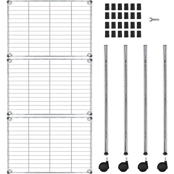 Heavy Duty 3-planken met wielen, verstelbare opslageenheden, stalen organisator draadrek, 23 "B x 13" D x 30 "H, chroom