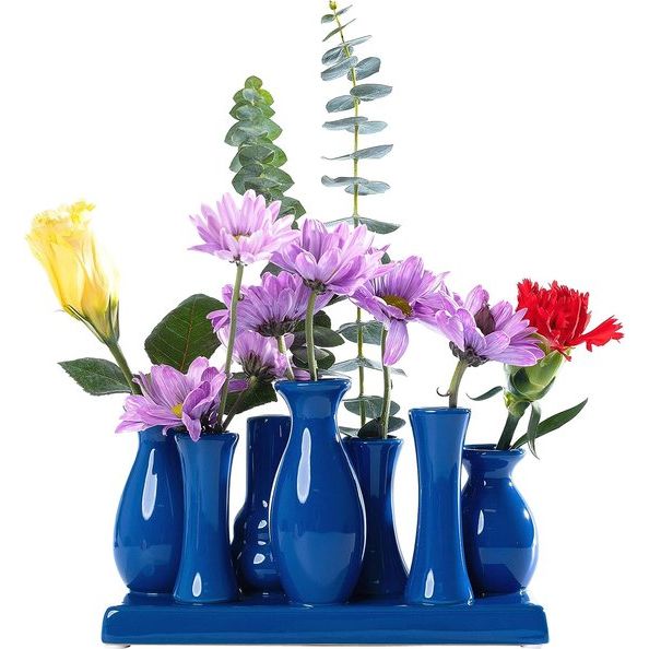 Handgemaakte keramische decoratieve bloemenvazen set van 7 mini-vazen in blauw
