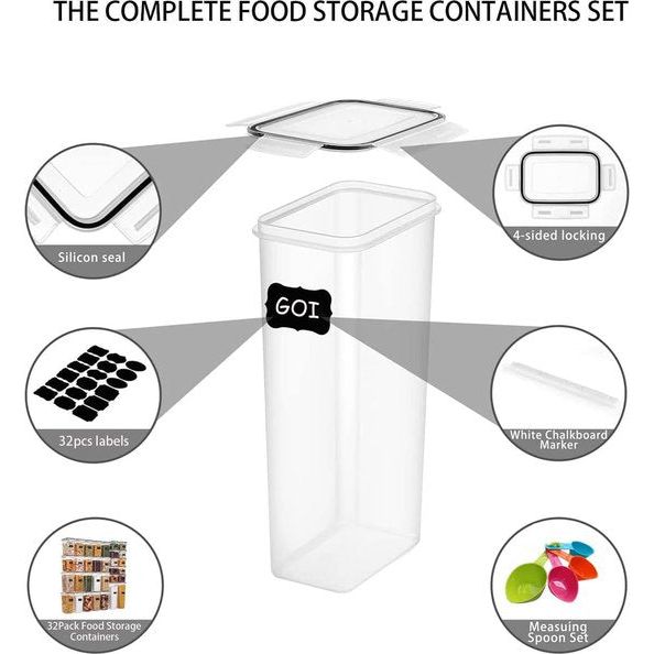 Voorraadpotten met deksel set van 32, voedselvoorraadpotten met deksel BPA-vrije keuken opbergdoos voor spaghetti, meel, muesli, cornflake opslag inclusief etiketten, stiften en lepelset