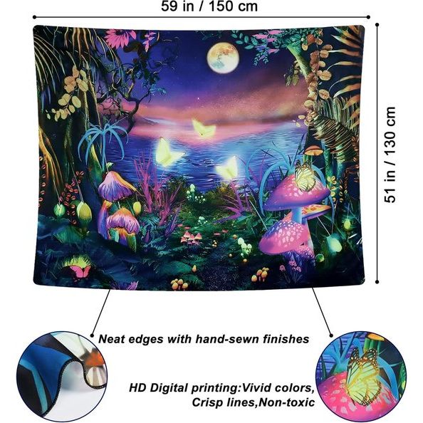 Blacklight Mushroom wandtapijt, melkweg, maan, wandtapijt, uv-reactieve poster, plant, landschap, wandtapijt, vlinder, esthetisch wandkleed voor slaapkamer, woondecoratie