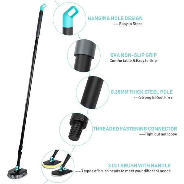 3-in-1 badschrobmachine met 50 inch lange steel - 180° roterende reinigingsborstel Badkamer met 4 verwisselbare koppen, badkamerschrobmachine Tegelwisser voor badkamertegels Douchebak Tegelzwaan
