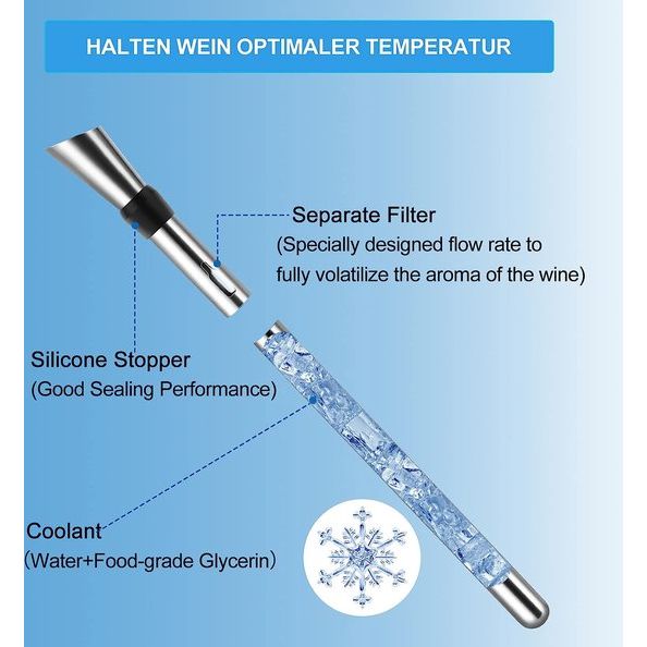 Premium wijnkoelstaaf, 6-in-1 wijnkoeler set van roestvrij staal incl. 1 stuk wijnkoelstaaf + schenktuit + kurkentrekker wijn + wijnflesdop + foliesnijder + wijnring|set van rode en witte wijn
