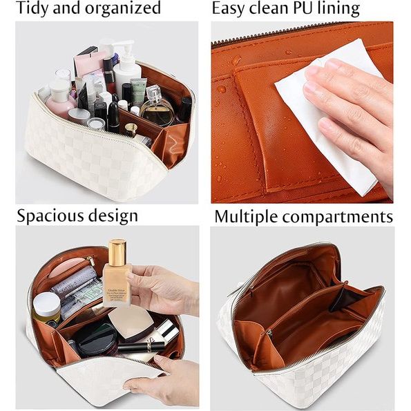 Make-uptas voor op reis met grote capaciteit, draagbare make-uptas voor op reis, waterdichte lederen organizer, toilettas met scheidingstas Organizer voor cosmetica-reistas, beige 2, jong en stijlvol met handvat