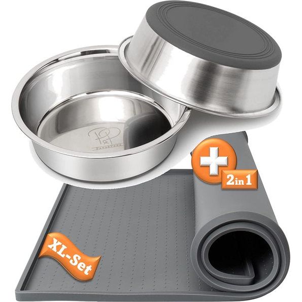 Hondenbak roestvrij staal (2 x 1750 ml), XL set + komonderlegger voor hond en kat, hoogwaardig voederstation, set 2 x voederbak, voerbak voor honden, voedermat van siliconen (60 x 40 cm) met rand