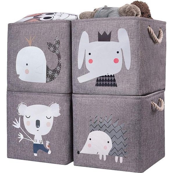 Opbergdoos voor kinderen, set van 4, 28 x 28 x 28 cm, opvouwbare opbergmand voor kinderplank. Ideaal voor Kallax-gebruik, speelgoedkist, speelgoed, boeken, kinderkamer. Grijze olifant