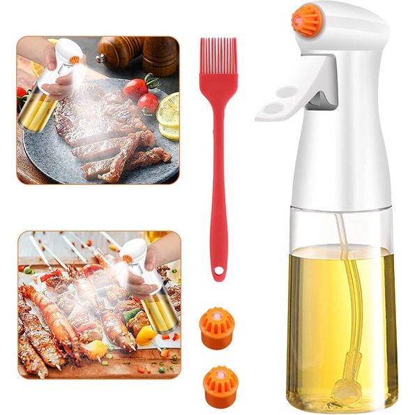 Olieverstuiver, 7 oz / 200 ml, geavanceerde upgrade azijn-olijfoliesproeier, om te koken, transparante oliespuitfles met borstel om te koken, barbecue, pasta, salades, bakoliedispenser - wit