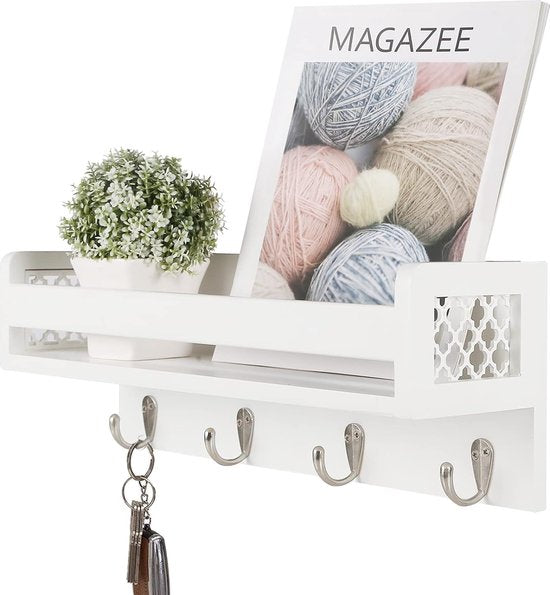Houten wandrek voor organizer, keuken, kruidenrek, wandrek met 4 haken voor sleutelplank, opbergruimte, badkamer, boekenkast van hout voor slaapkamer, wanddecoratie, kantoor en huishouden. (wit)