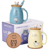 Kat mok set van 2 schattige kat theekop koffiemok keramiek met Kawaii deksel schattige kopjes voor kattenliefhebbers 500 ml kerst verjaardag kat cadeau mok (blauw en geel)