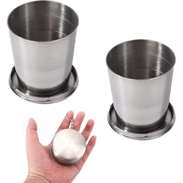 Set van 2 roestvrijstalen opvouwbare metalen bekers, draagbare telescopische beker voor buiten, opvouwbare reisbeker, campingbeker voor op reis, picknick, wandelen, buitenwaterbeker, koffiekop, biermok