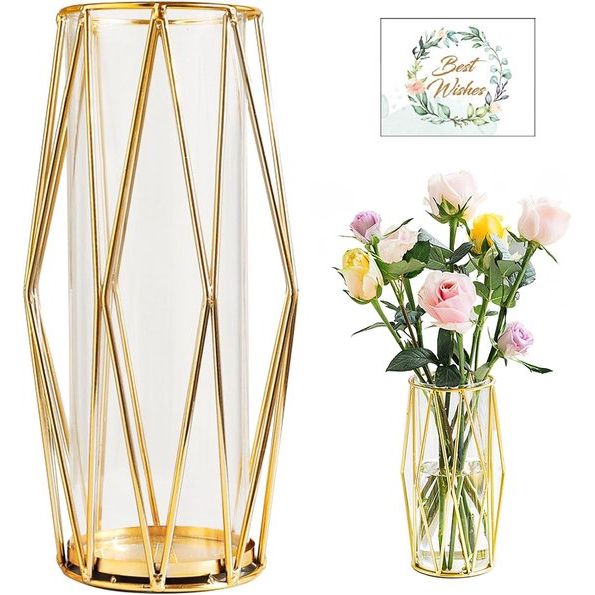 Gouden vazen, decoratie voor pampasgras, vaas met metalen frame, 22 cm, geometrische decoratieve vaas, grote cilindervazen, voor woonkamer, bruiloft, tafel, badkamer, eettafel