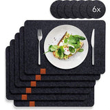 Vilten placemat met antislip achterkant, 6 wasbare placemats en 6 speciale glaszetters, groot, afwasbaar en afwasbaar, machinebestendig, design placemats