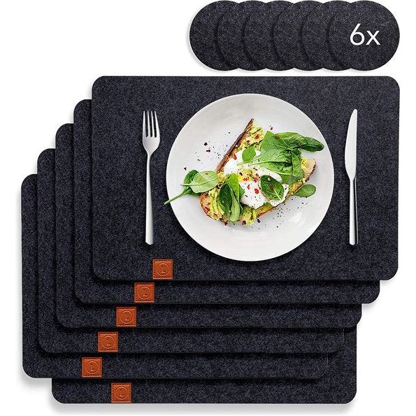 Vilten placemat met antislip achterkant, 6 wasbare placemats en 6 speciale glaszetters, groot, afwasbaar en afwasbaar, machinebestendig, design placemats