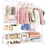 Kledingrek, vrijstaande dubbele stangen, kledingstang, met 8 haken, 3 lagen zijplanken en 2 lagen schoenenrekken, multifunctionele kapstok in wit voor de slaapkamer