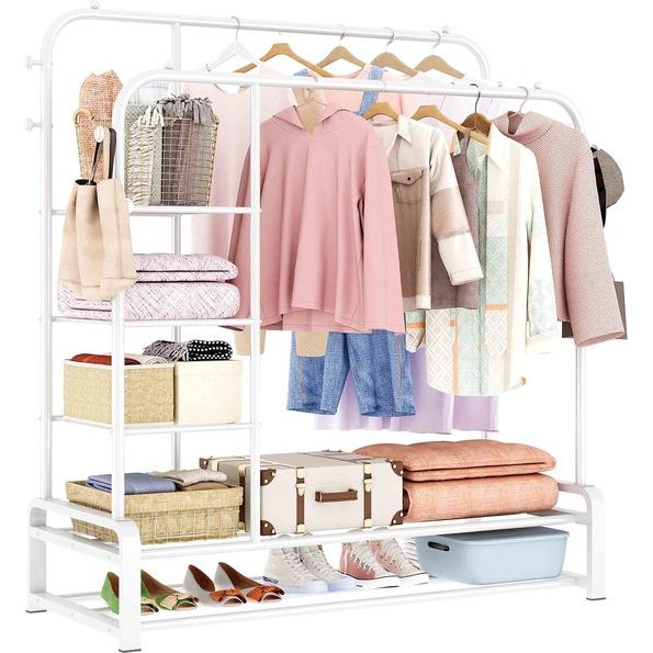 Kledingrek, vrijstaande dubbele stangen, kledingstang, met 8 haken, 3 lagen zijplanken en 2 lagen schoenenrekken, multifunctionele kapstok in wit voor de slaapkamer