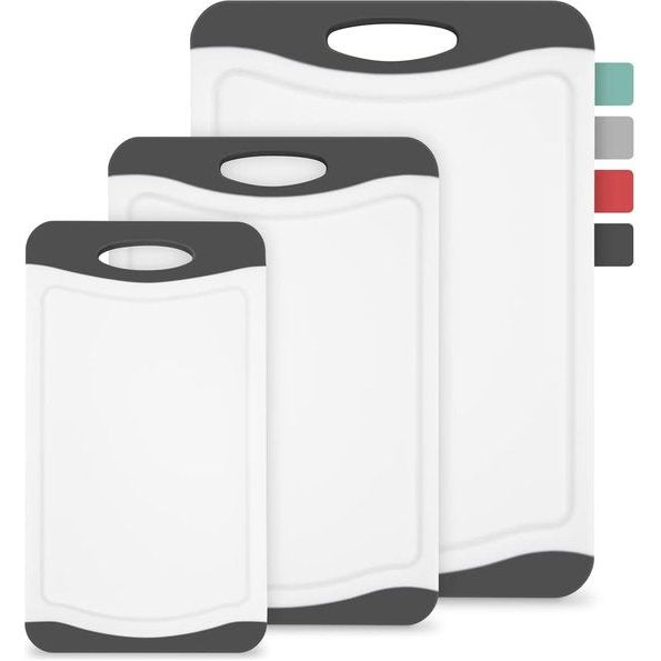 Snijplank, kunststof, set van 3, plankjes, BPA-vrij, antislip met sapgoot en handvat, vaatwasmachinebestendig, ontbijtplank, keukenplank (zwart/wit)