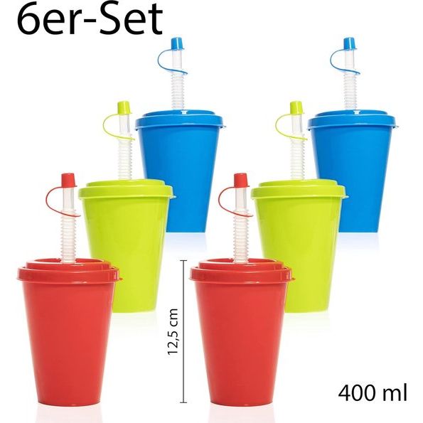 Drinkbekerset met rietje en deksel - Herbruikbare plastic bekers van 400 ml voor kinderen en volwassenen (blauw, groen, rood, set van 6)