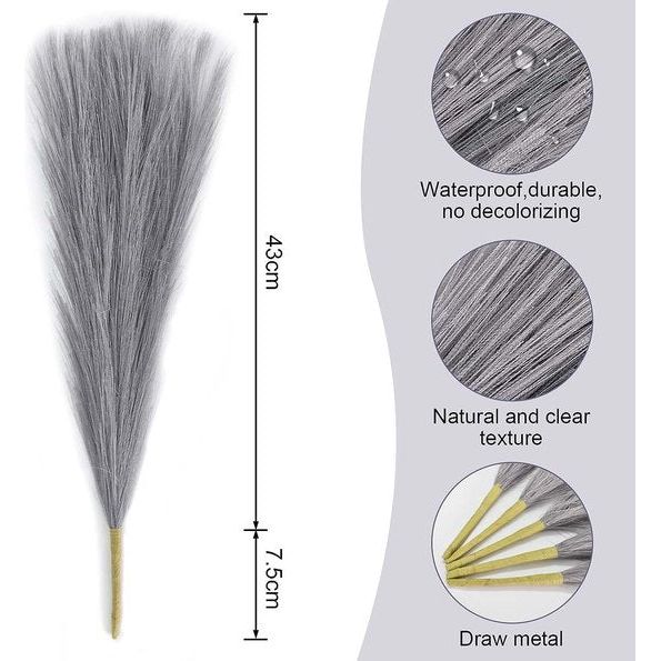 Kunstpampasgras, 7 steel, 45 cm, pluizig kunstpampasgras, boho, 5 stuks, kunstbloemen, decoratief bloemarrangement, vaasvullingen voor thuis, woonkamer, bruiloft (grijs)