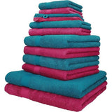 handdoekenset, 100% katoen, 2 ligdoeken, 4 handdoeken, 2 gastendoekjes, 2 washandjes, 2 washandjes, kleur cranberry en petrol