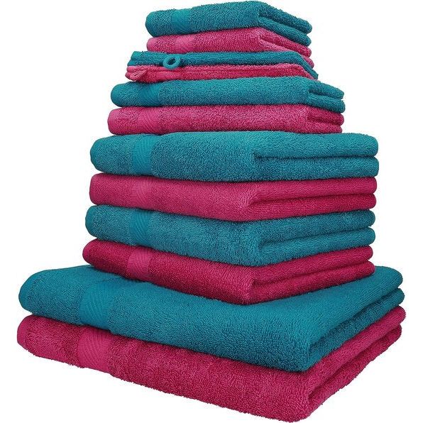 handdoekenset, 100% katoen, 2 ligdoeken, 4 handdoeken, 2 gastendoekjes, 2 washandjes, 2 washandjes, kleur cranberry en petrol