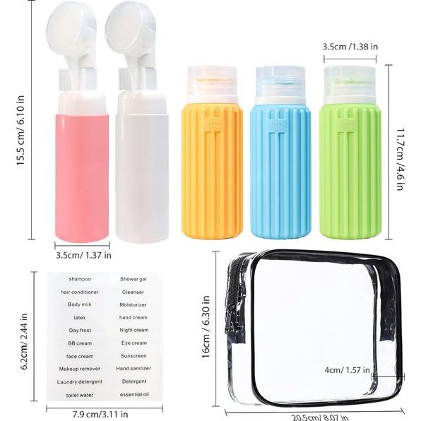 Siliconen reisflessenset met labels, 5 stuks lekvrije reiscontainers en toiletartikelenset voor shampoo crème conditioner lichaamsverzorging, BPA-vrij en TSA getest 90ml & 60ml