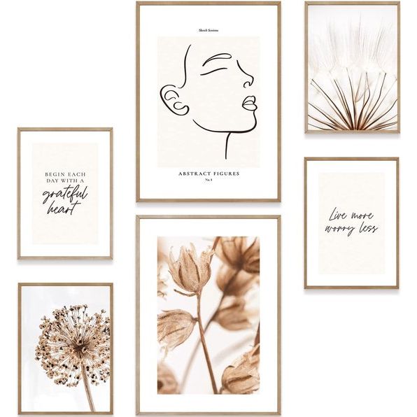 Premium posterset, moderne muurfoto's voor woonkamer en slaapkamer, 2 x A3 en 4 x A4, foto's als wanddecoratie (Line Art bloemen beige, zonder lijst)