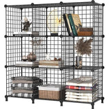 9 Plank Draadkubus Stapelbare Plankkubus DIY Metalen Rooster Plank Kubus Boekenplank Kubus Plank met Deuren voor Woonkamer, Slaapkamer, Badkamer Zwart