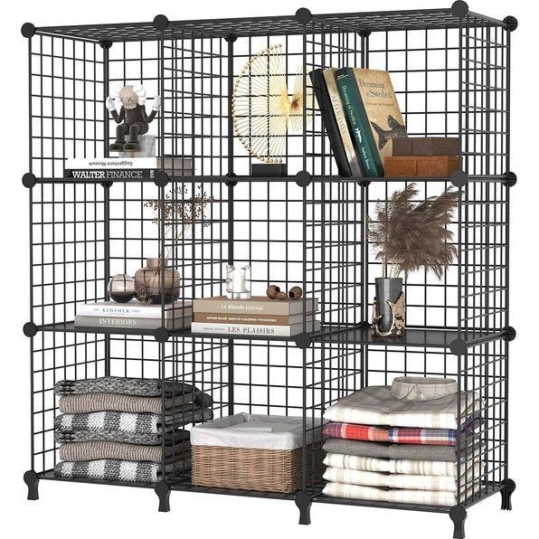 9 Plank Draadkubus Stapelbare Plankkubus DIY Metalen Rooster Plank Kubus Boekenplank Kubus Plank met Deuren voor Woonkamer, Slaapkamer, Badkamer Zwart