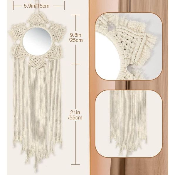 Macramé wanddecoratie, boho-spiegel, rond, dromenvanger voor de slaapkamer, met kwastjes, grote wandversiering, thuis, ornament voor vrouwen en moeders.