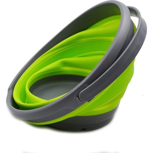 10L opvouwbare plastic emmer - opvouwbare ronde kuip - draagbare viswateremmer - ruimtebesparende buitenwaterpot, maat 33 cm diameter (1, donkergrijs/fluorescerend groen)