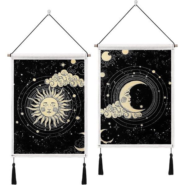 2 stuks maan en zon wandtapijt met kwastjes tarot zwarte banner wandbehang wandkleed bohemian psychedelisch muurkunst decor voor slaapkamer woonkamer