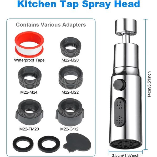 Tap Aerator, 3 Modes Kitchen Bathroom Tap Bubbler Filter with 2 (M22 and F24) Adapters, 360 Degree Swivel Multifunctional Water Saving for Kitchen/Bathroom Tap (Silver)