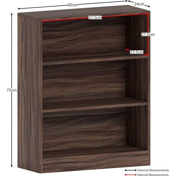 Cambridge Boekenkast met 3 niveaus, laag, walnoot, houten plank voor kantoor, woonkamermeubels