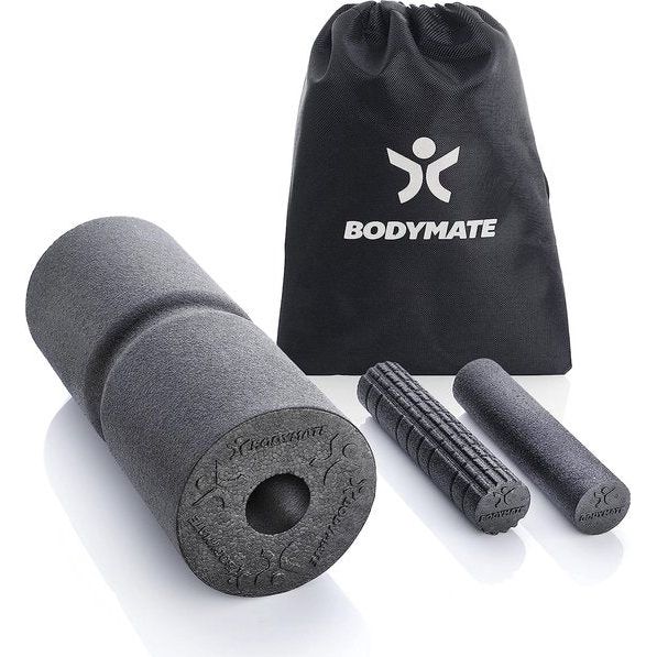 CARE with CORE Fascia-set bestaande uit fasciarol CARE 35 x 14 cm, middelhard met groef rondom, twee kleine rollen met glad en genopt oppervlak, 20 x 4,5 cm, zwart met e-book