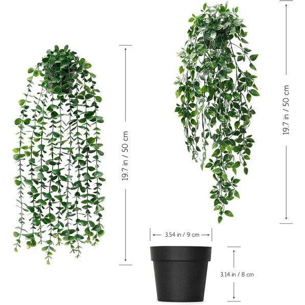 2 stuks kunstmatige hangplanten met potten, 50 cm lange kunstmatige klimopranken, eucalyptusbladeren, mandala, groene potplanten voor thuis, binnen en buiten, decoratie
