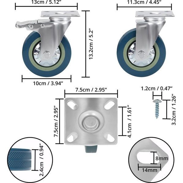 Kurtzy Zware Kwaliteit Zwenkwielen (4 Pak) – 100 mm Zwenkwielen met Rubberen Banden, Schroeven, Klem Remmen en Metalen Platen – Maximale Belasting 280 Kg. – Voor Trolleys, Meubels en Werkbanken