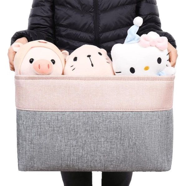 Grote opbergdoos, 3 stuks, stoffen opbergmand, met handgrepen, mand, opslag voor plank, kast, kinderkamer (grijs/roze, 42 x 32 x 25 cm)