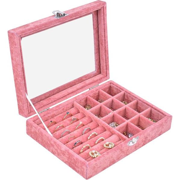 sieradenorganizerdoos, sieradendoos met glazen deksel, sieradendisplay, sieradenkoffer, sieradenkistje, sieradenlade voor halsketting, armband, ringen, oorbellen, sieraden (roze)