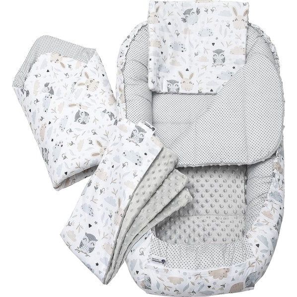 5-delige set babynestjes, 100 x 60 x 15 cm, uitneembaar inzetstuk, bed, knuffelnest, kruipdeken voor baby's en pasgeborenen, 100% katoen (open plek met grijze minky)