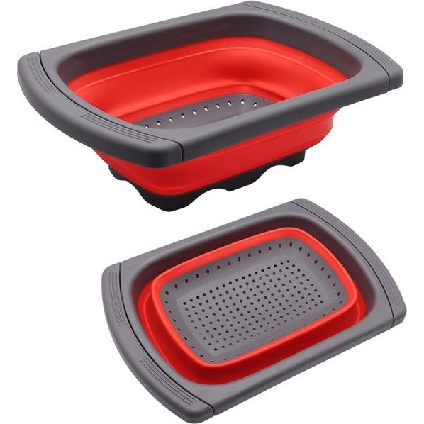 Zeef inklapbaar, inhoud 3,8 l, siliconen mand, 265 mm, zeef, inklapbaar met uittrekbare handgrepen, geschikt voor de meeste maten, ruimtebesparend, snel legen voor keukenwerkzaamheden, rood