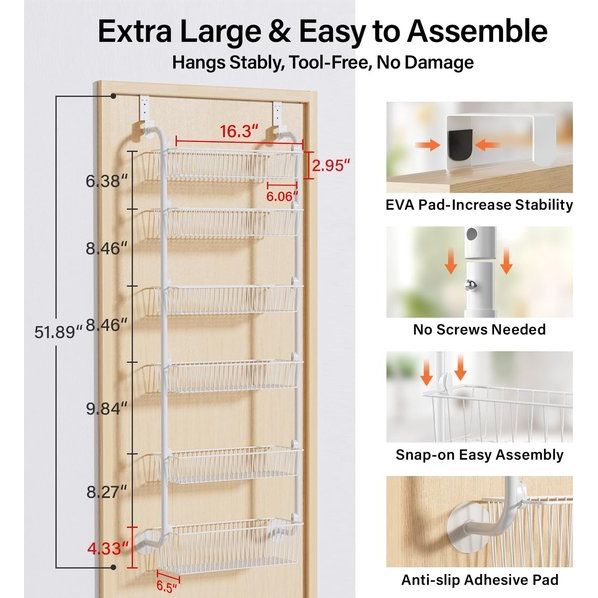 Grotere bovendeurorganizer D6.7W17.5H53.7inch Metalen organisator 6-laags voorraadkastdeurorganizer Kruidenrek voor eenvoudige installatie 60LBS Laaddeur Wit