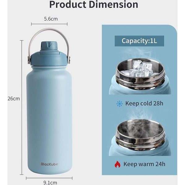 Roestvrijstalen drinkfles, 1000 ml, thermosfles, thermoskan, BPA-vrij, lekvrij, grote drinkfles van metaal voor sport, school, fitness, outdoor, camping