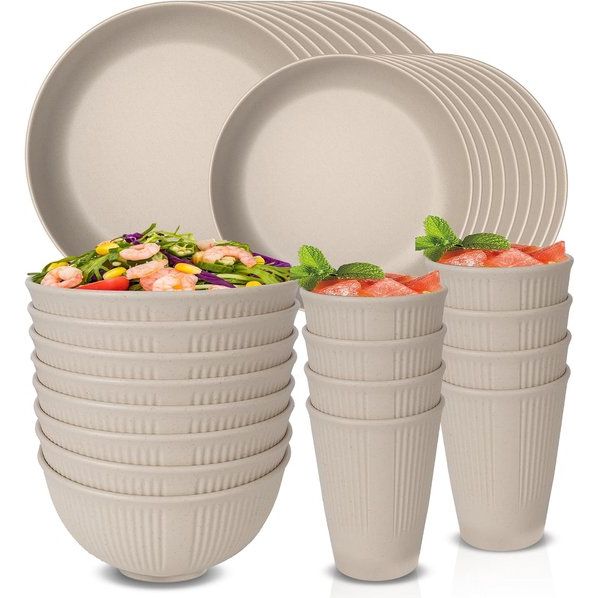 32-delige onbreekbare serviesset voor 8 personen, campingserviesset, kunststof borden en kommen, grill-serveerborden, kommen, kopjes, feestserviesset voor picknick, beige