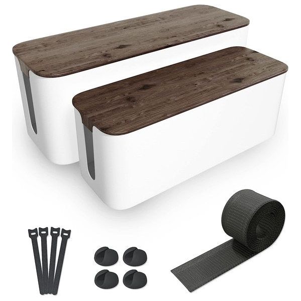 Box Wit [Set van 2] Large & Medium ABS Plastic met Wood Effect Deksel & Rubberen Voetjes - Cable Box Set Inclusief Kabelhouder, Kabelbinders & Kabelslang om Kabel te Verbergen