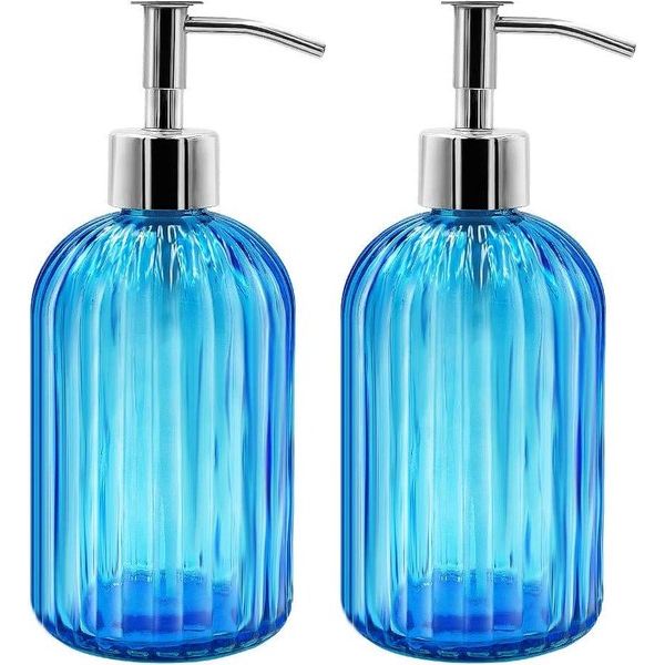 Set van 2 zeepdispensers, glas met pomp, 400 ml vloeibare zeepdispenser voor afwasmiddel, shampoo en lotion, navulbare zeepdispenser voor keuken, badkamer, wasruimte (blauw)