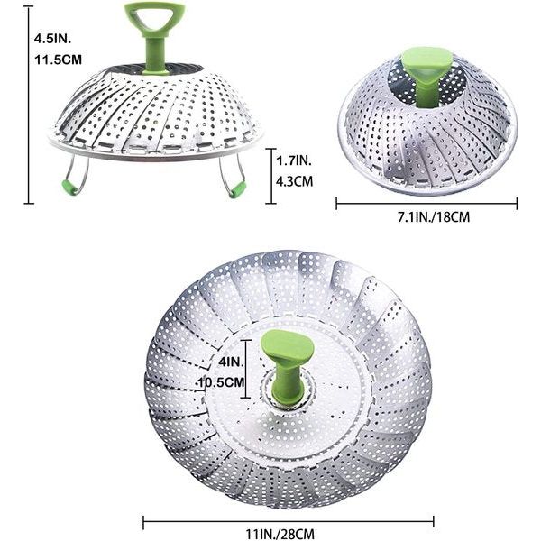 Stoomboot van roestvrij staal, verstelbaar stoominzetstuk met uitschuifbare handgreep voor groenten en fruit, opvouwbare mand, roestvrij, geschikt voor vaatwasser, babyvoeding (18-28 cm)