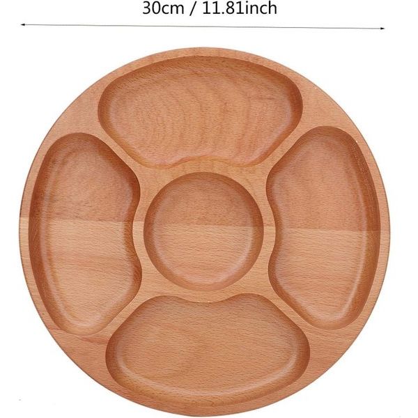 Houten aanbevolen bord, 5-voudig dienblad, portiecontrole, kinderbord, stapelbare houten onderroosterschaal, bord voor gedroogd fruit, snacks en fruit (30 cm)